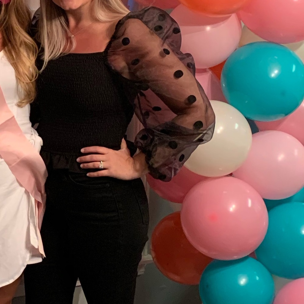 Boutique smock top with sheer polka dot puff sleeves